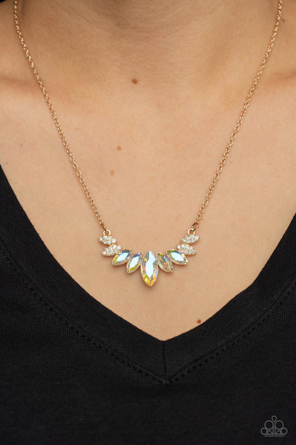 One Empire at a Time - Gold Chain White Iridescent Marquise Rhinestone Necklace Paparazzi N1609