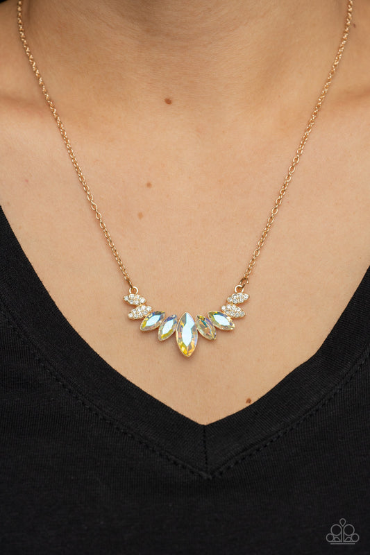 One Empire at a Time - Gold Chain White Iridescent Marquise Rhinestone Necklace Paparazzi N1609