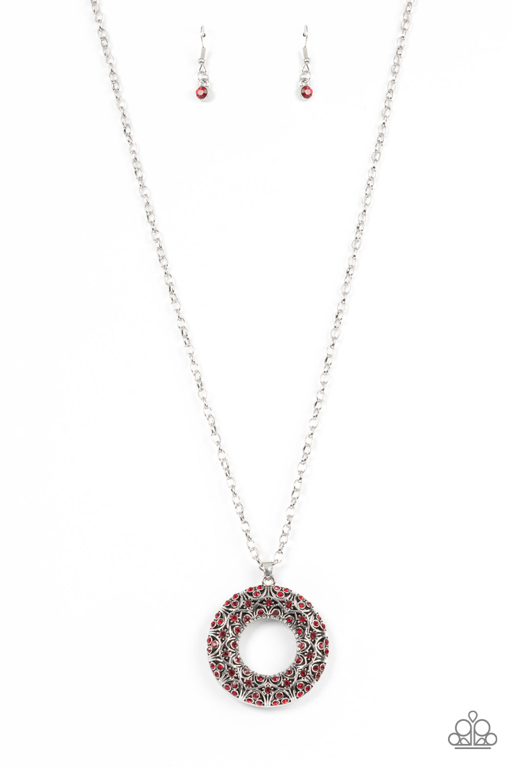 Wintry Wreath - Red Rhinestone Silver Filigree Necklace Paparazzi N1187