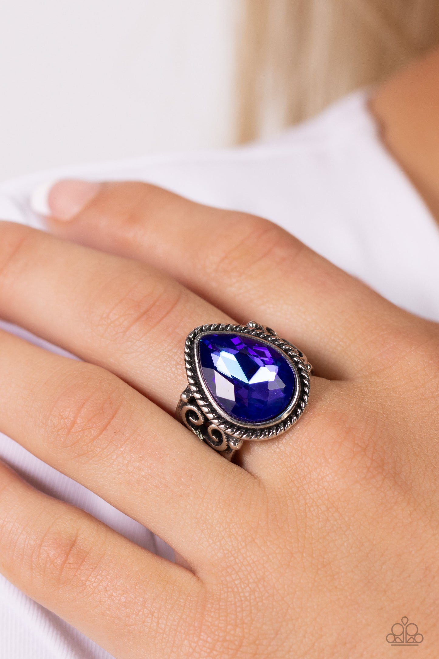 Supernatural Sparkle - Purple UV Finish Teardrop Gem Silver Filigree Ring Paparazzi R0674