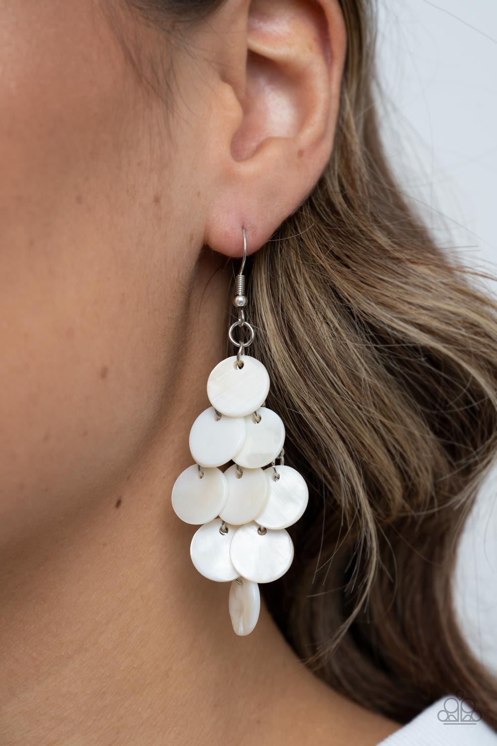 Tropical Tryst - White Shell Like disc Shimmer Earring Paparazzi E1366