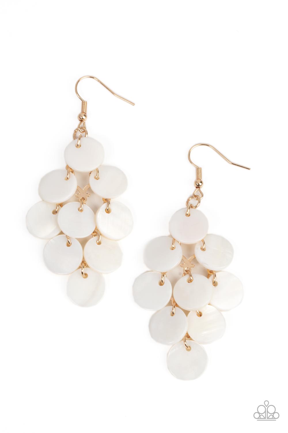 Tropical Tryst - Gold Netted Backdrop White Shell-Like Discs Earring Paparazzi E1011