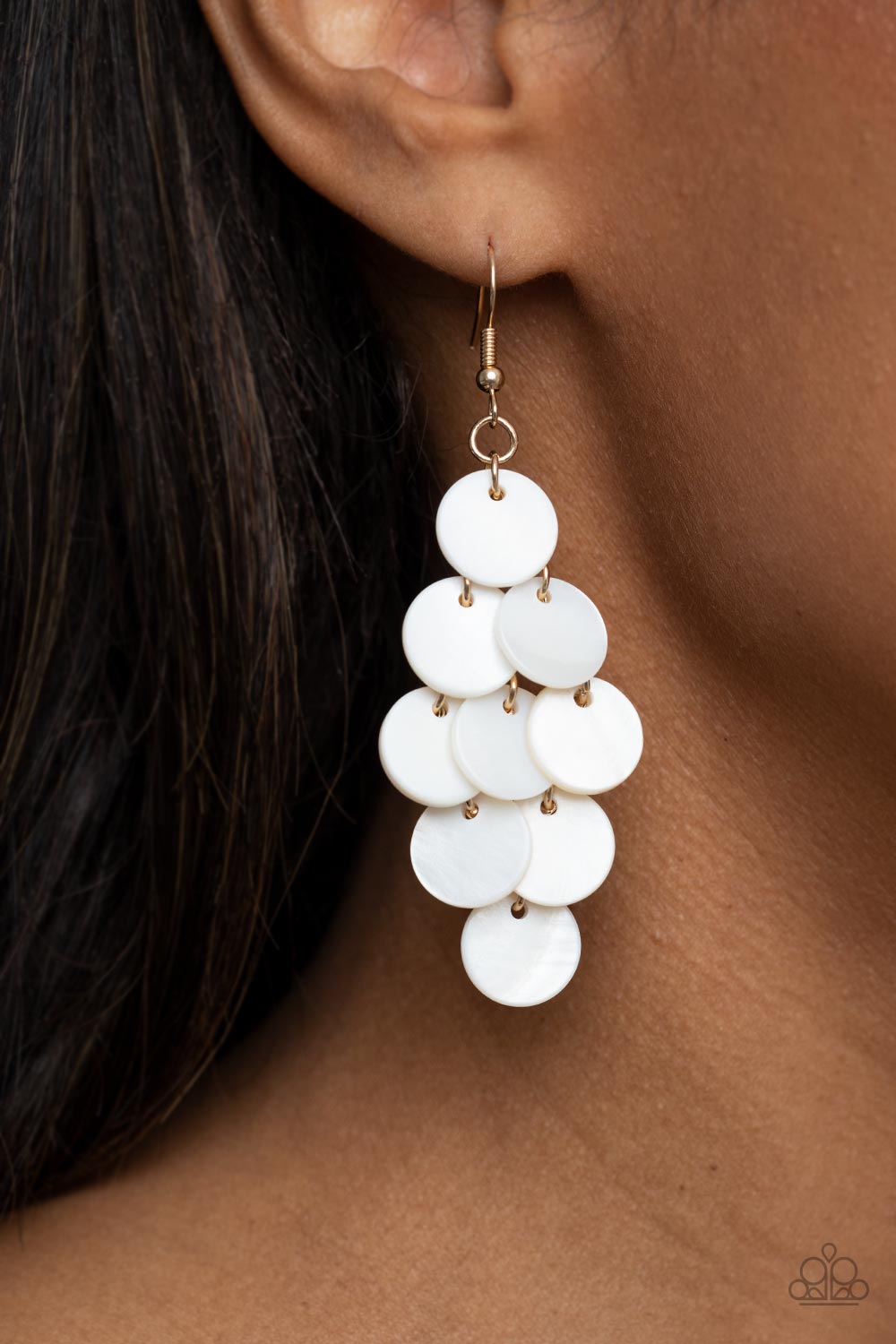 Tropical Tryst - Gold Netted Backdrop White Shell-Like Discs Earring Paparazzi E1011