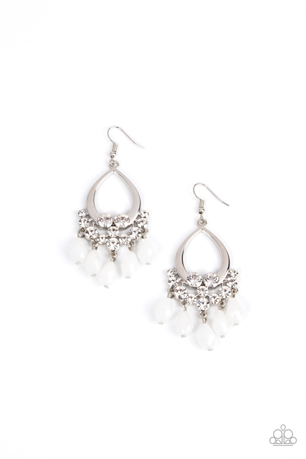 Famous Fashionista - White Teardrop And Rhinestone Earring Paparazzi E0651