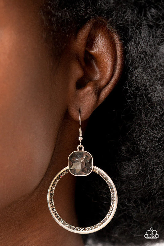 Cheers To Happily Ever After Silver Smoky Gem Hematite Rhinestone Earring Paparazzi E0991