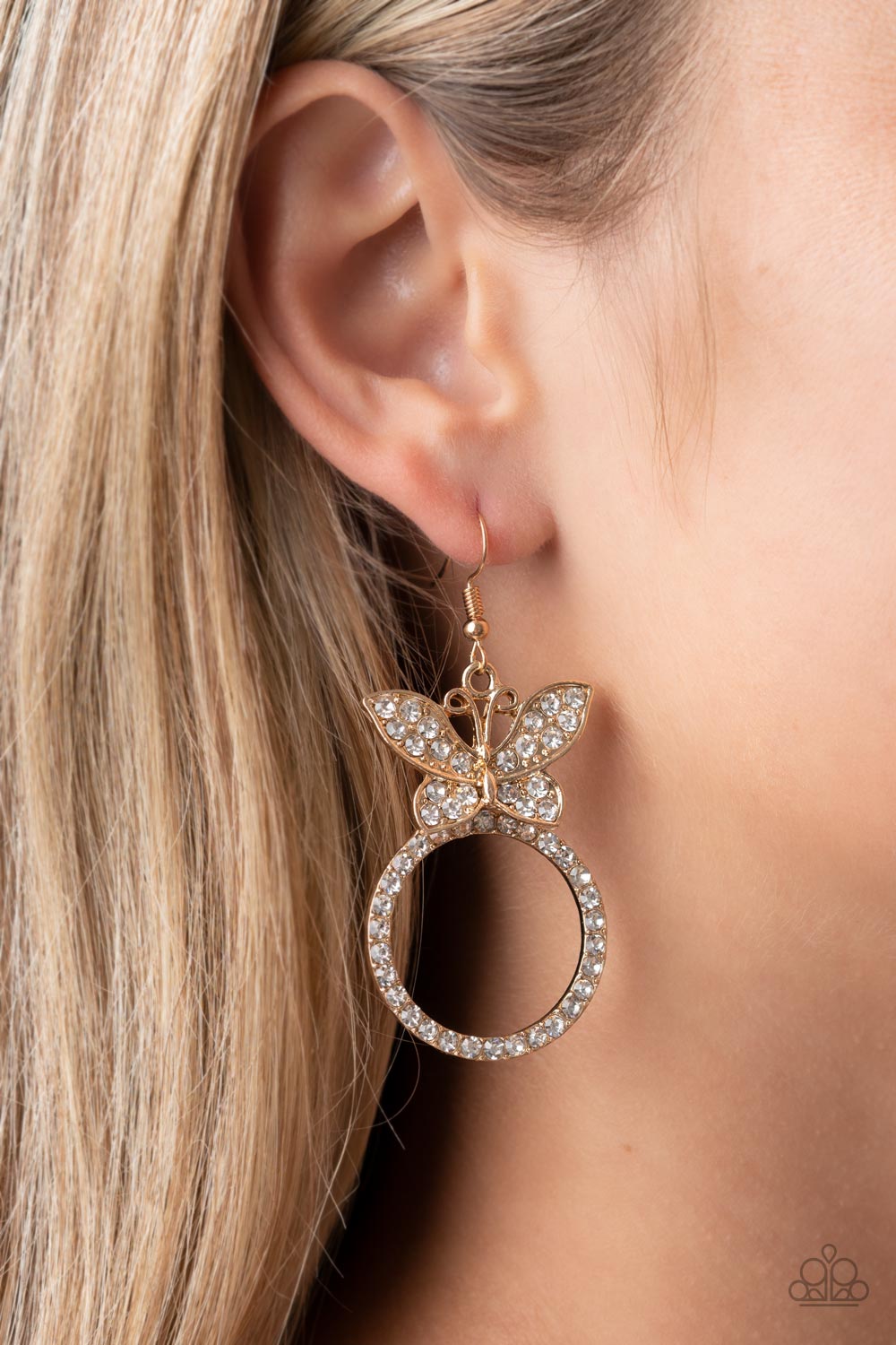 Paradise Found - Gold Rhinestone Butterfly Earring Paparazzi E0369