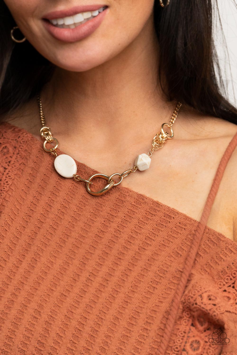 Sonoran Solo - White Stone Gold Chain Santa Fe Style Necklace Paparazzi N1883