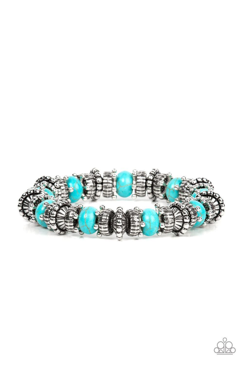 Canyon Crusher - Blue Turquoise Stone Bead, Silver Accent Stretch Bracelet Paparazzi B0758