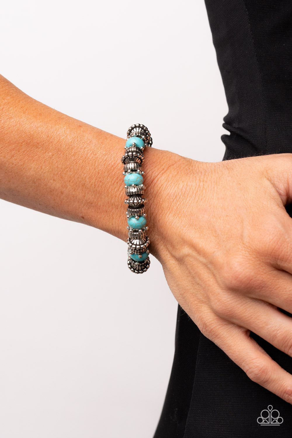 Canyon Crusher - Blue Turquoise Stone Bead, Silver Accent Stretch Bracelet Paparazzi B0758