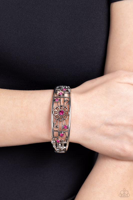 Prairie Musical - Pink Rhinestone Flower Hinge Bracelet Paparazzi B1445