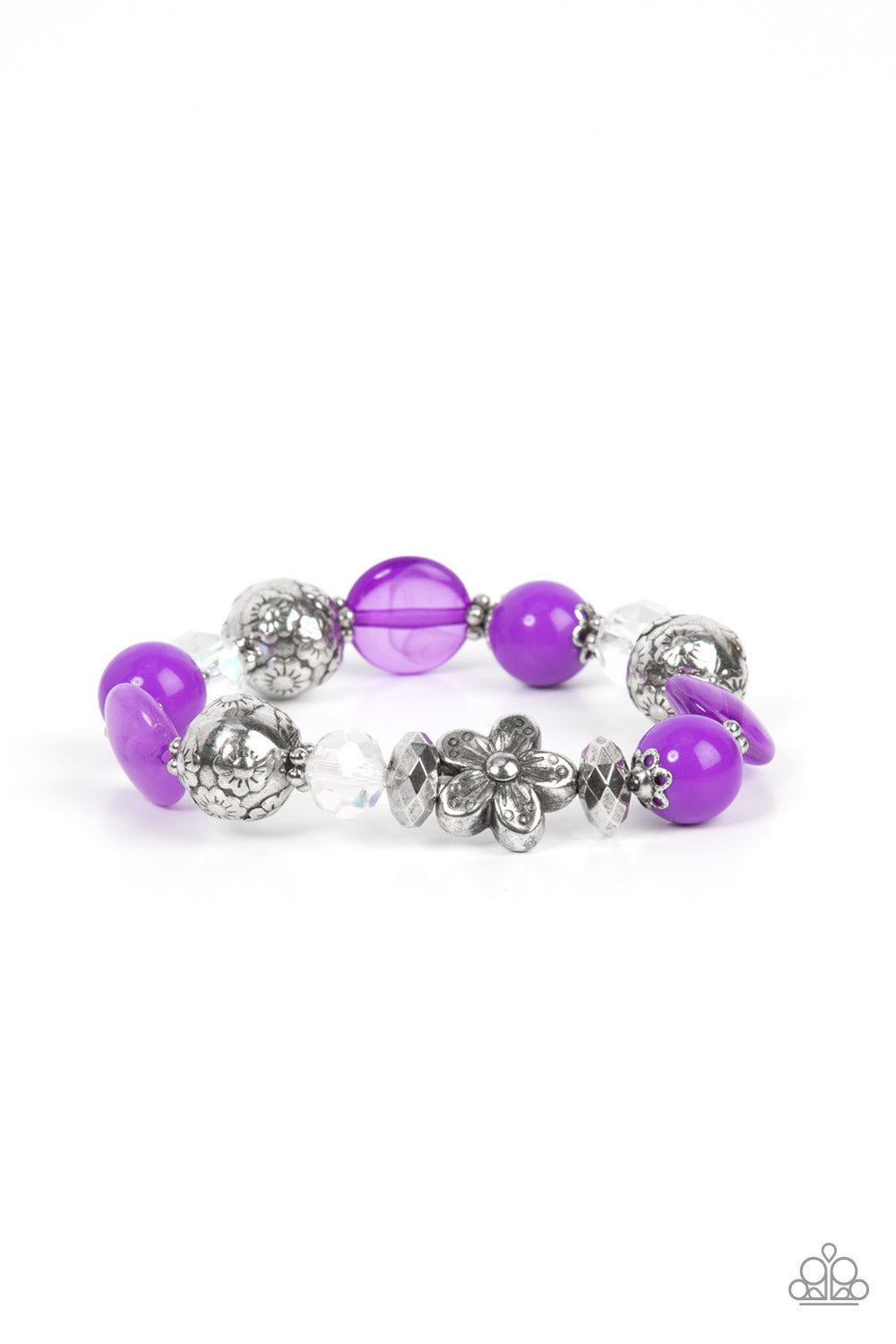 Pretty Persuasion - Purple Silver Floral Stretch Bracelet Paparazzi B0393