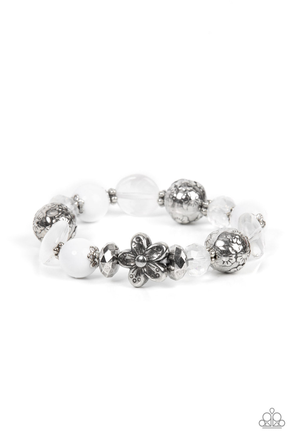 Pretty Persuasion - White Silver Floral Stretch Bracelet Paparazzi B0561