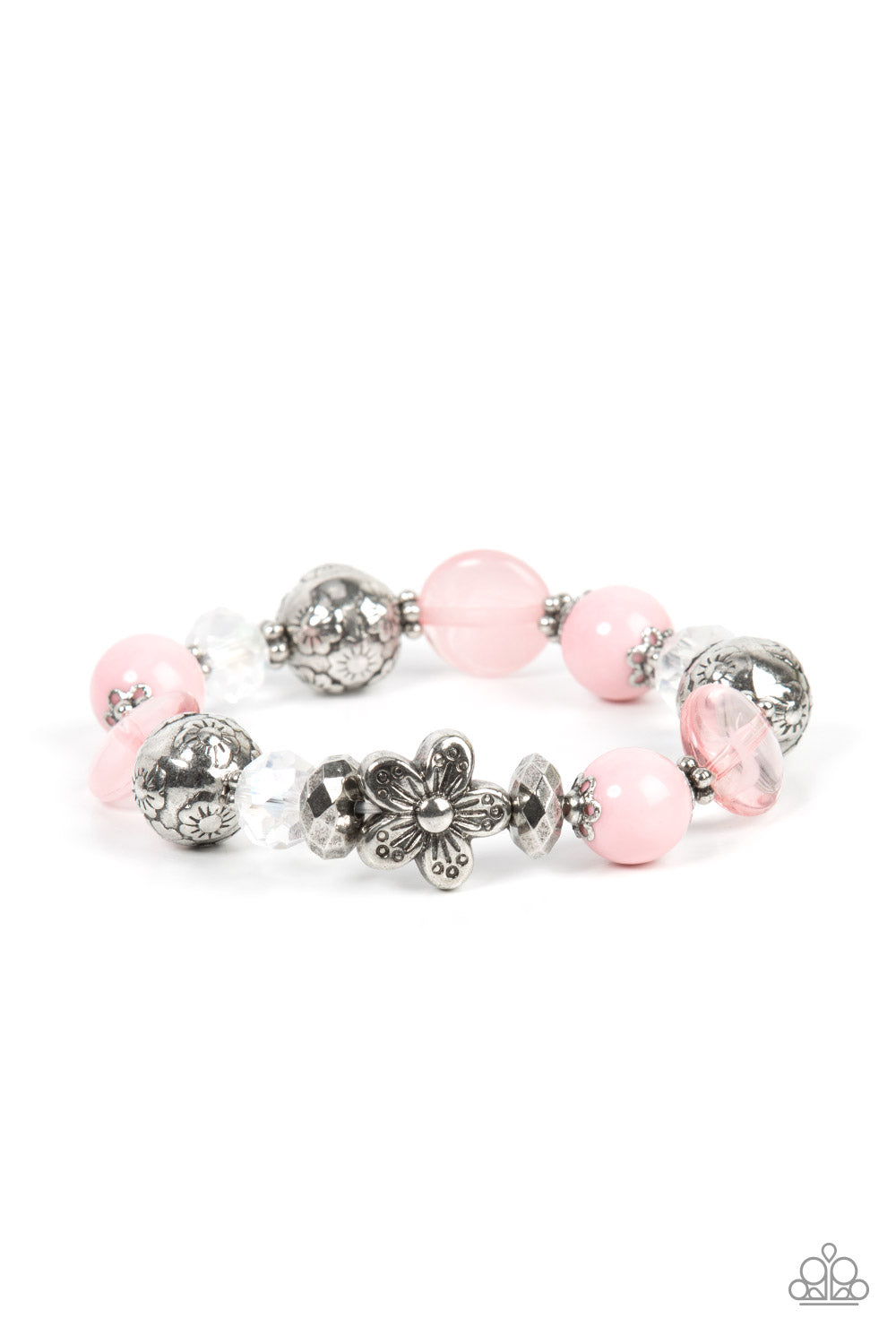 Pretty Persuasion - Pink And Silver Floral Bead Stretch Bracelet Paparazzi B0631