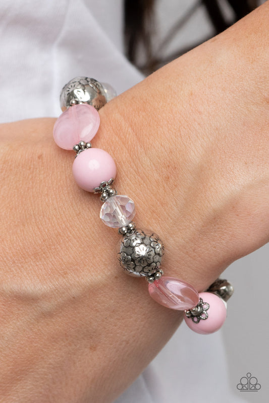 Pretty Persuasion - Pink And Silver Floral Bead Stretch Bracelet Paparazzi B0631