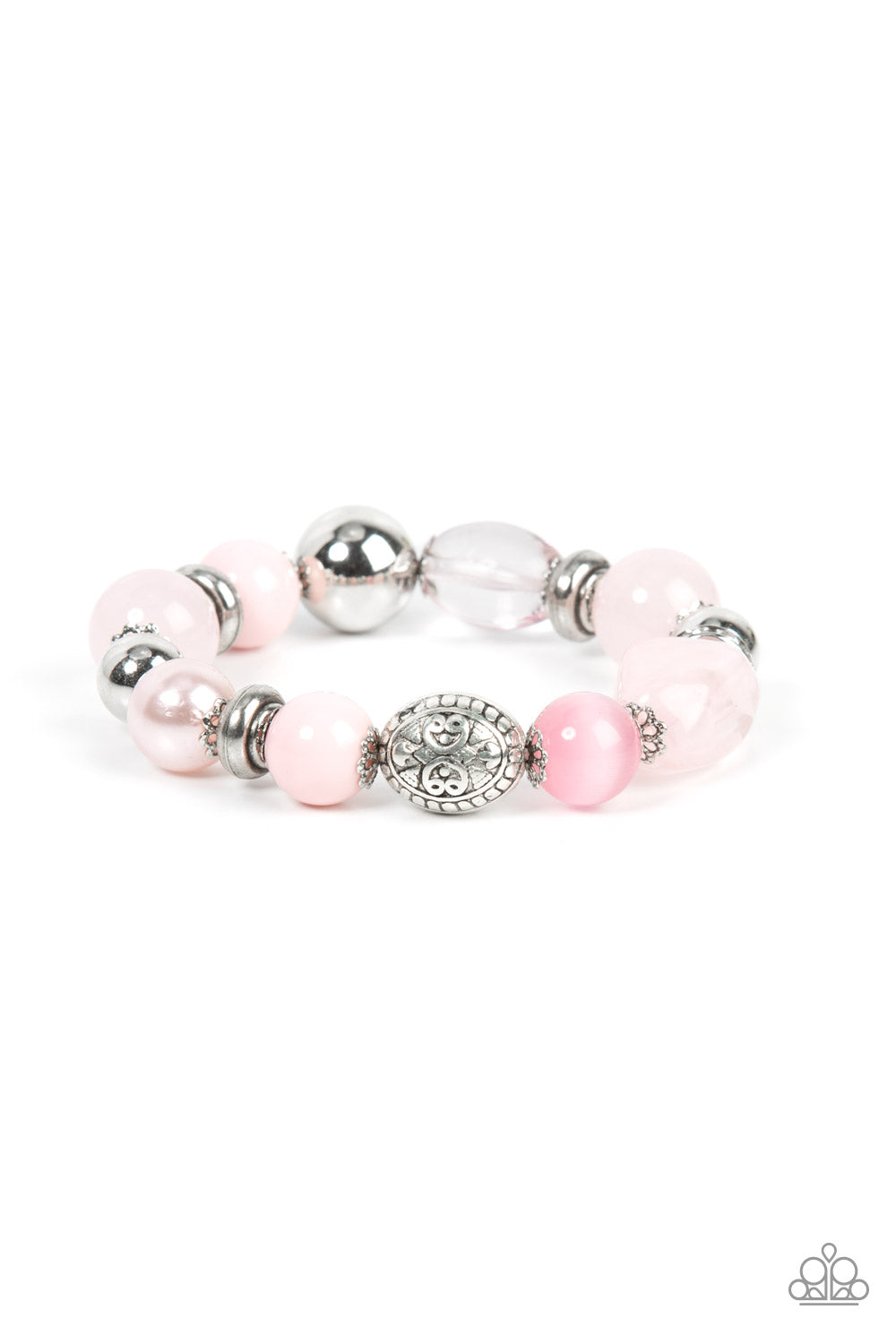 Tonal Takeover - Pink, Silver & White Rhinestone Ring Stretch Bracelet Paparazzi B0864