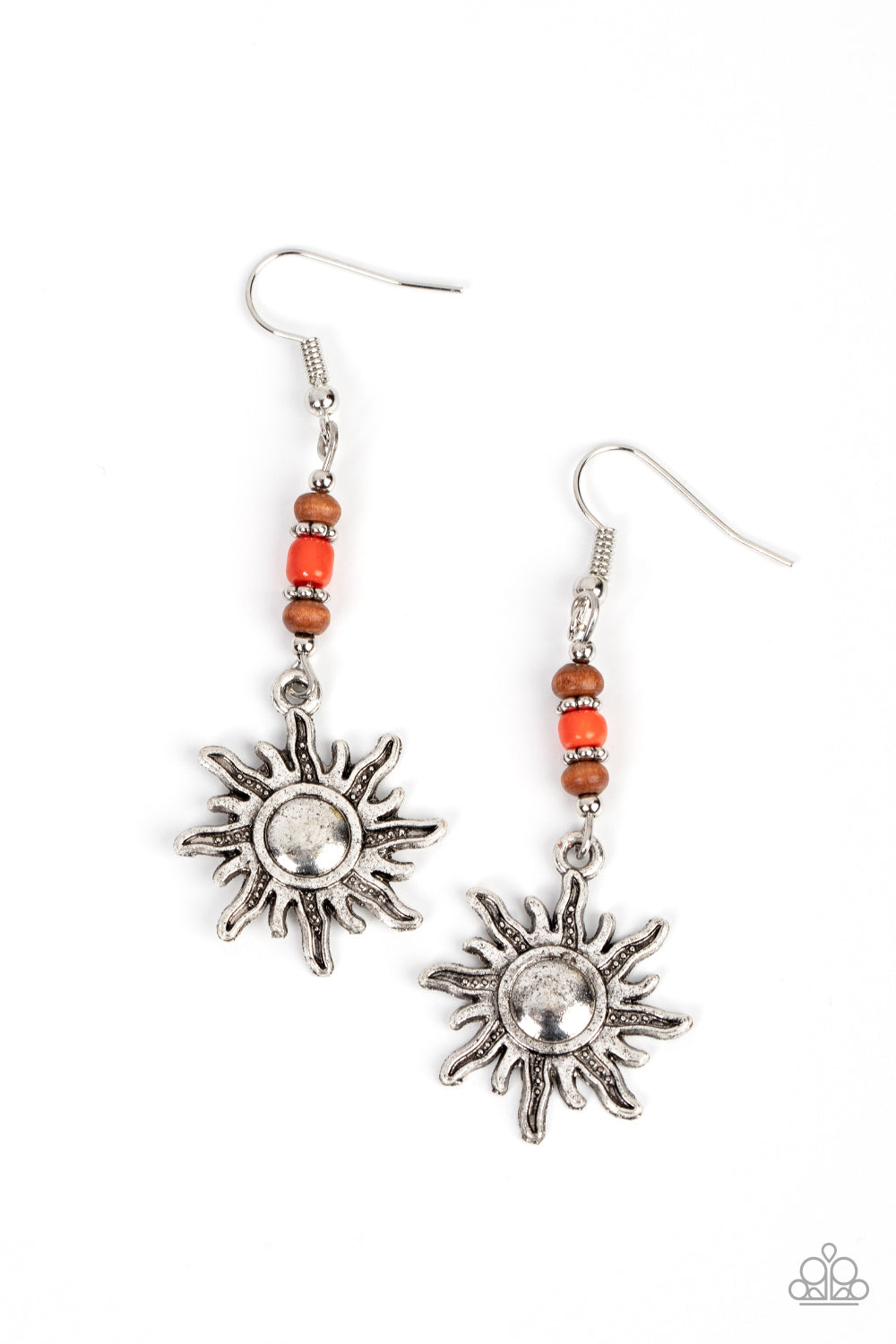 Sunshiny Days - Orange Bead Silver Sun Earring Paparazzi E0995