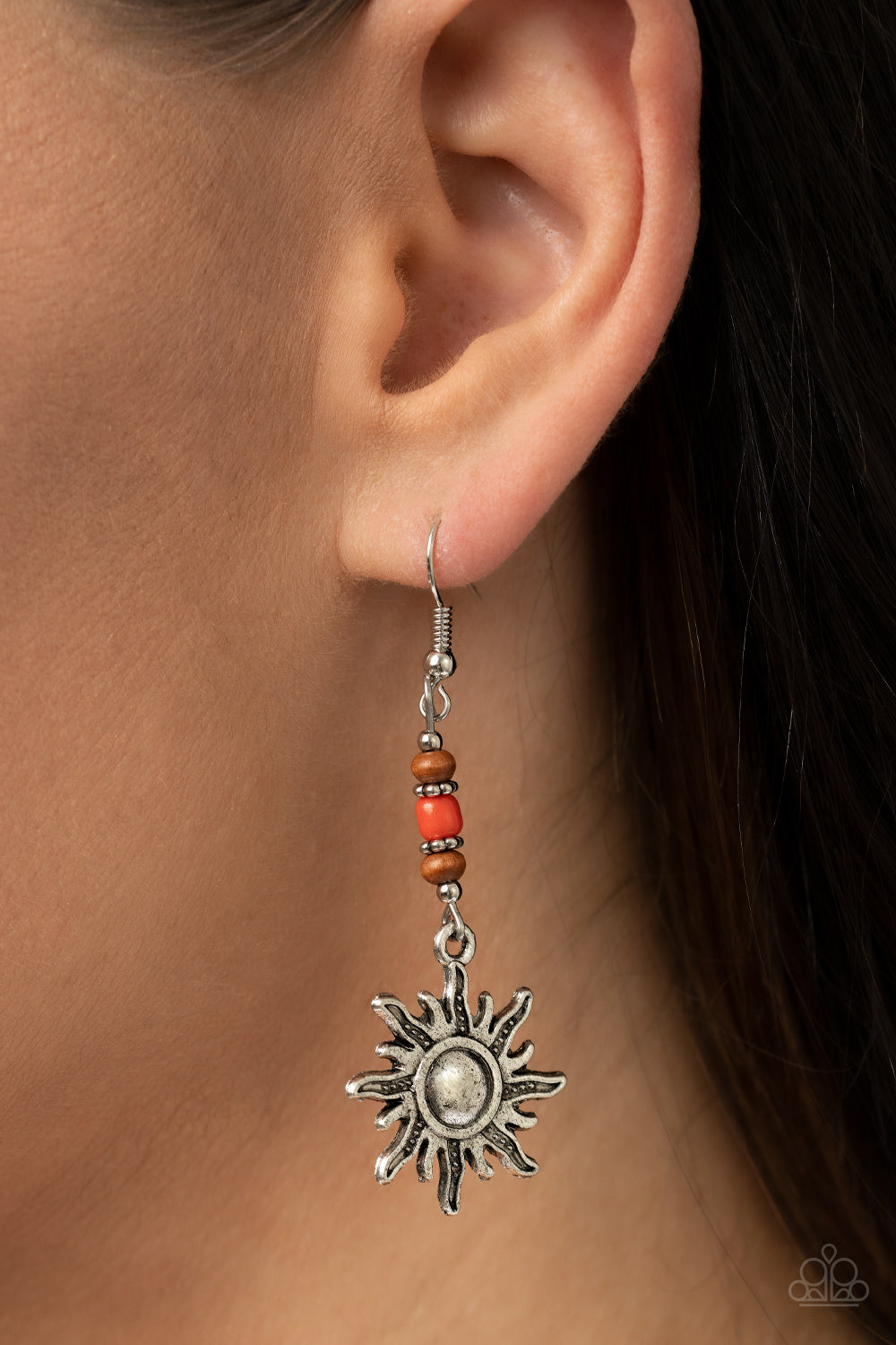 Sunshiny Days - Orange Bead Silver Sun Earring Paparazzi E0995