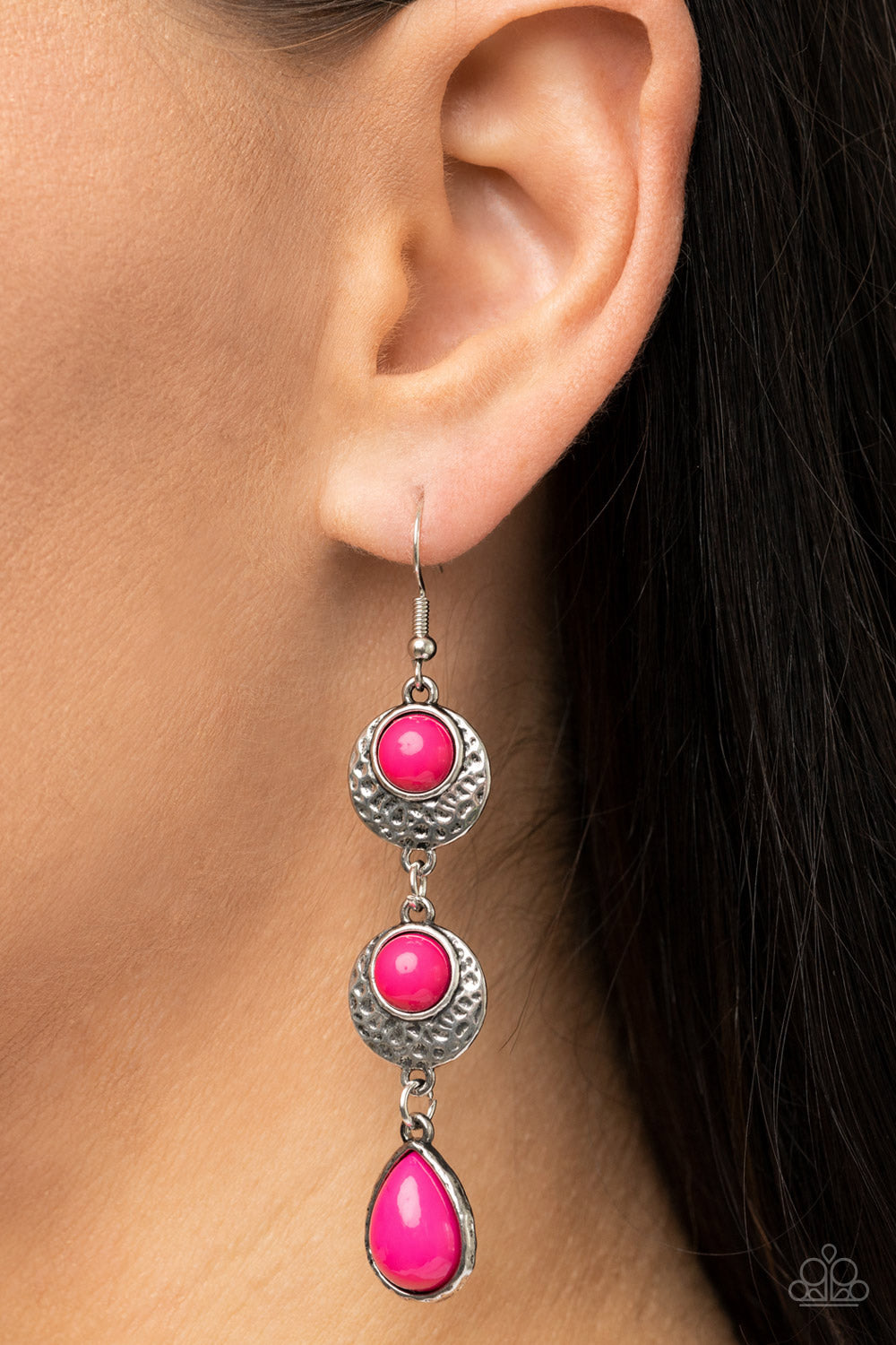 Tahoe Trailblazer - Pink Teardrop Bead Silver Earring Paparazzi E1677