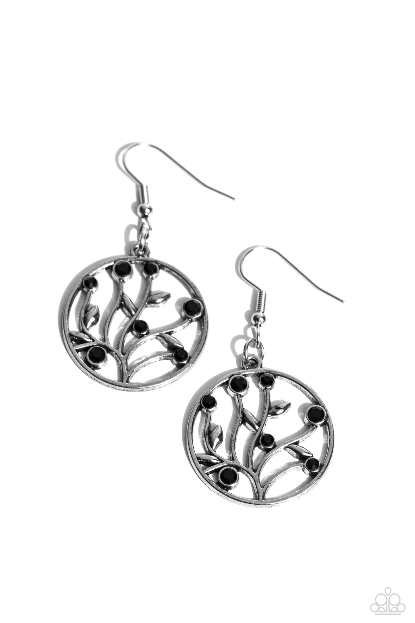 Bedazzlingly Branching - Black Rhinestone Silver Vine Earring Paparazzi E1567