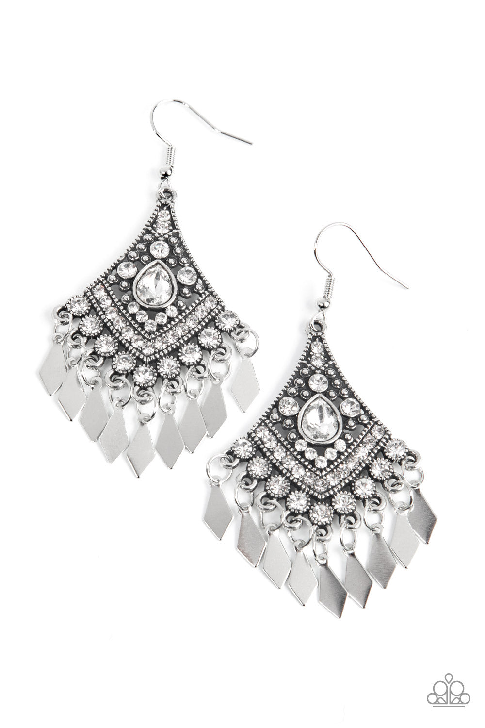 Indie Iridescence - White Glassy Rhinestone Silver Fringe Earring Paparazzi E1726