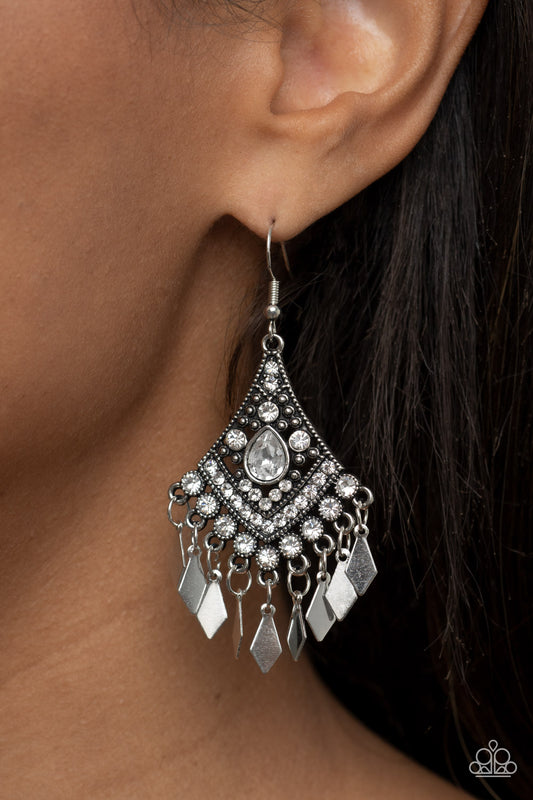 Indie Iridescence - White Glassy Rhinestone Silver Fringe Earring Paparazzi E1726