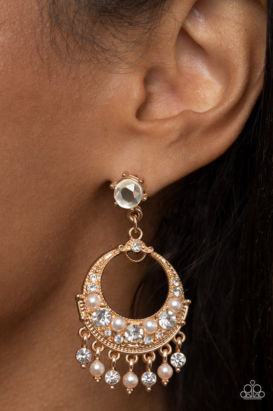 Marrakesh Request - Gold White Pearl & Rhinestone Post Earring Paparazzi E1230