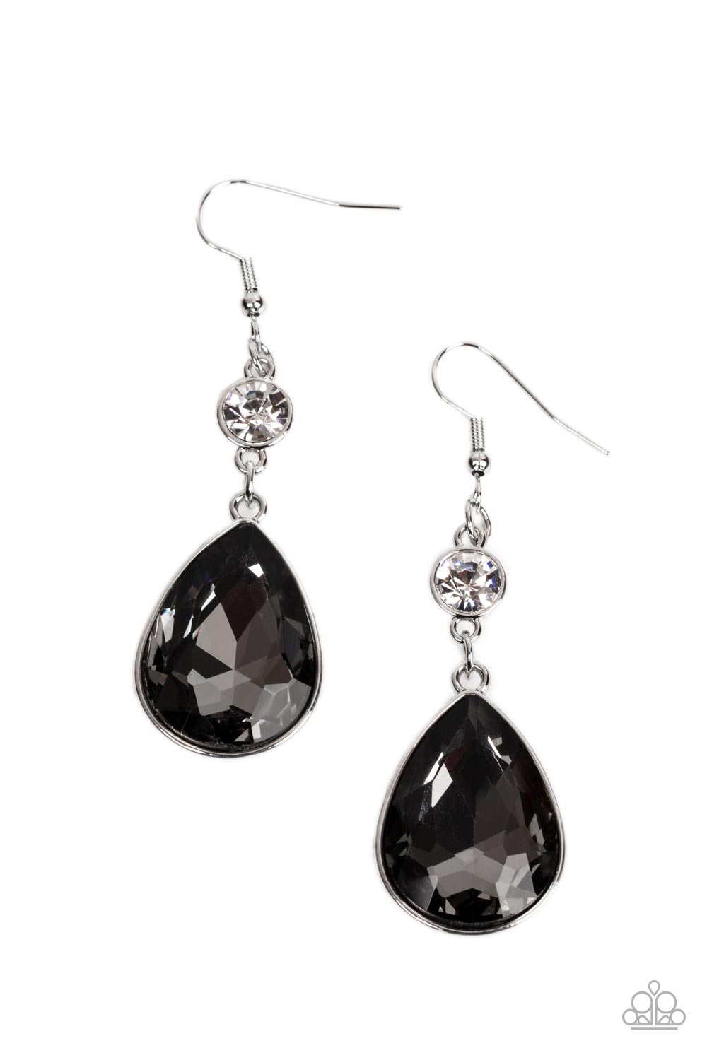 Smile for the Camera - Silver Smoky Teardrop Rhinestone Earring Paparazzi E0701