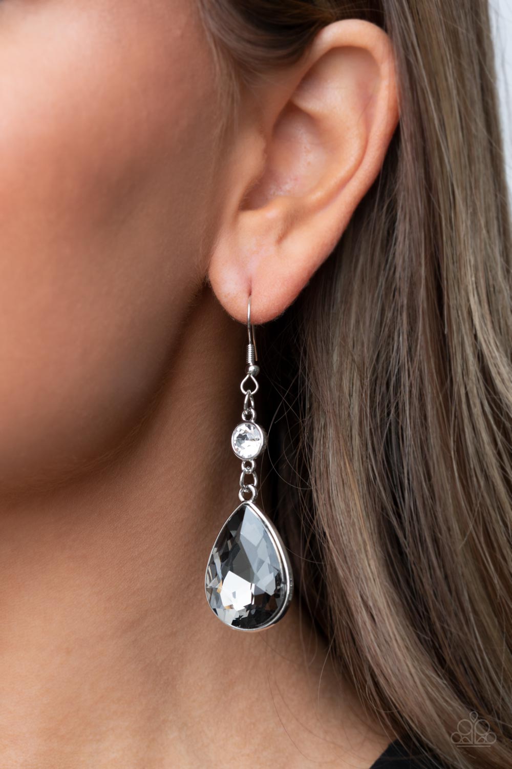 Smile for the Camera - Silver Smoky Teardrop Rhinestone Earring Paparazzi E0701