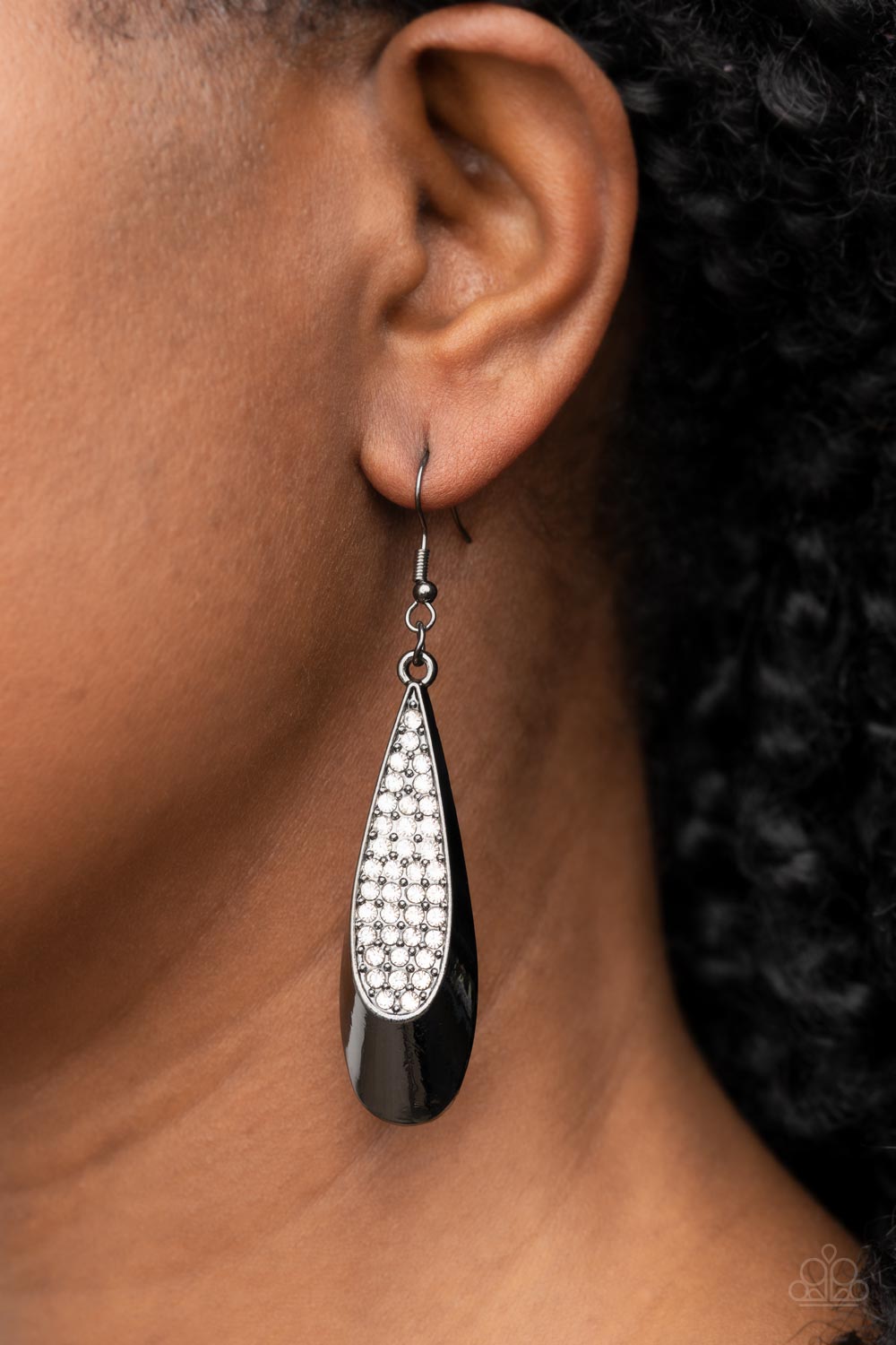 Prismatically Persuasive - Black Gunmetal Teardrop White Rhinestone Earring Paparazzi E1624