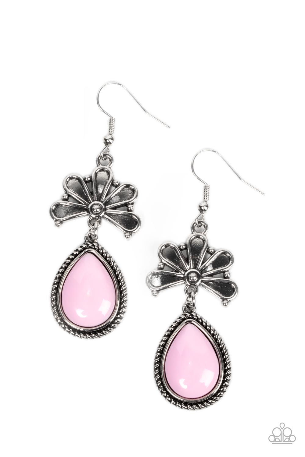 Brightly Blooming - Pink Teardrop Antiqued Floral Frame Earring Paparazzi E1657