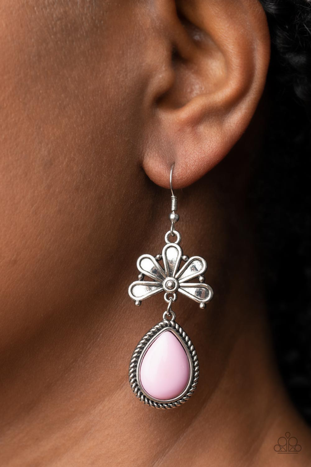 Brightly Blooming - Pink Teardrop Antiqued Floral Frame Earring Paparazzi E1657