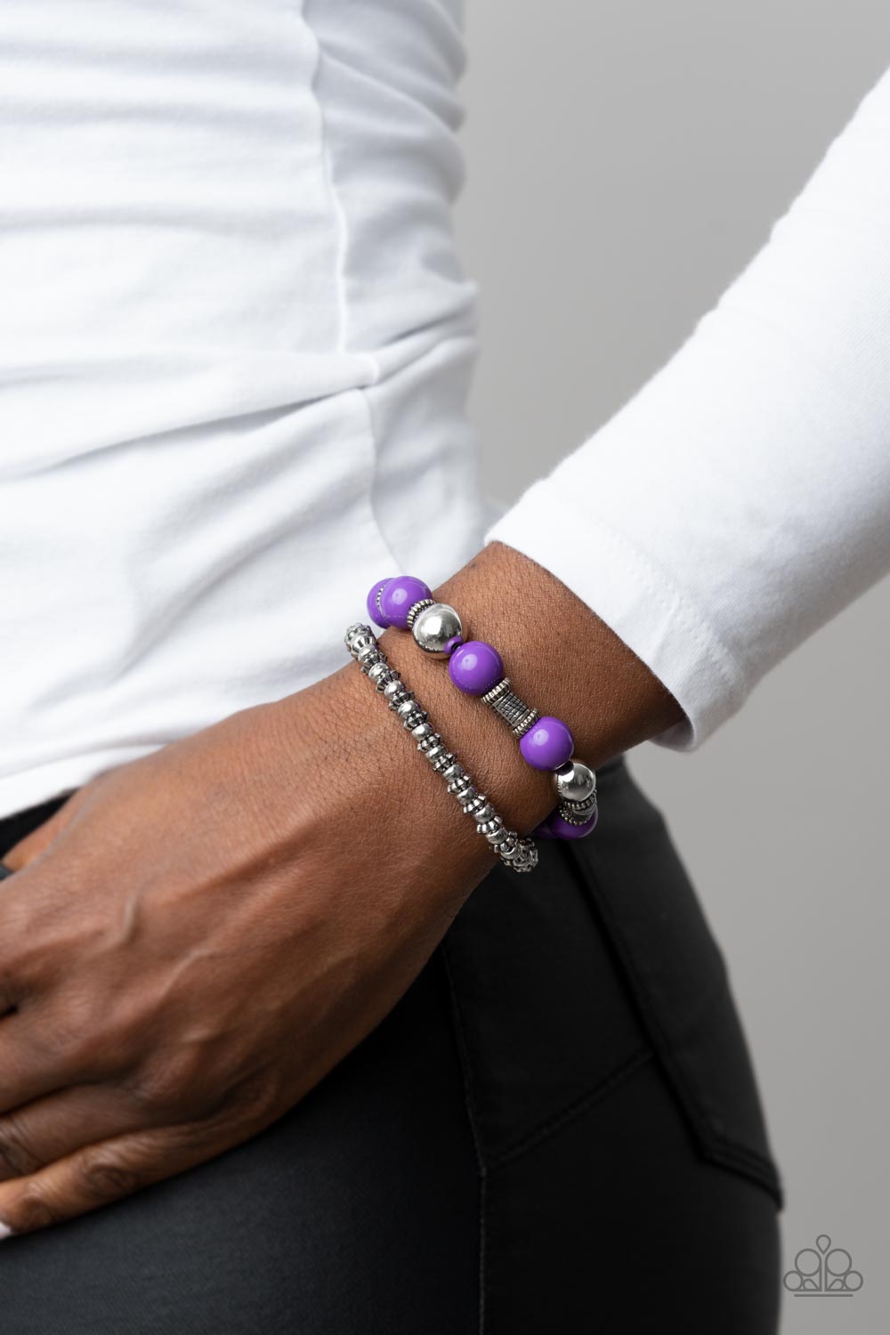 Walk This SWAY - Purple & Silver Bead Stretch Bracelet Paparazzi B1102