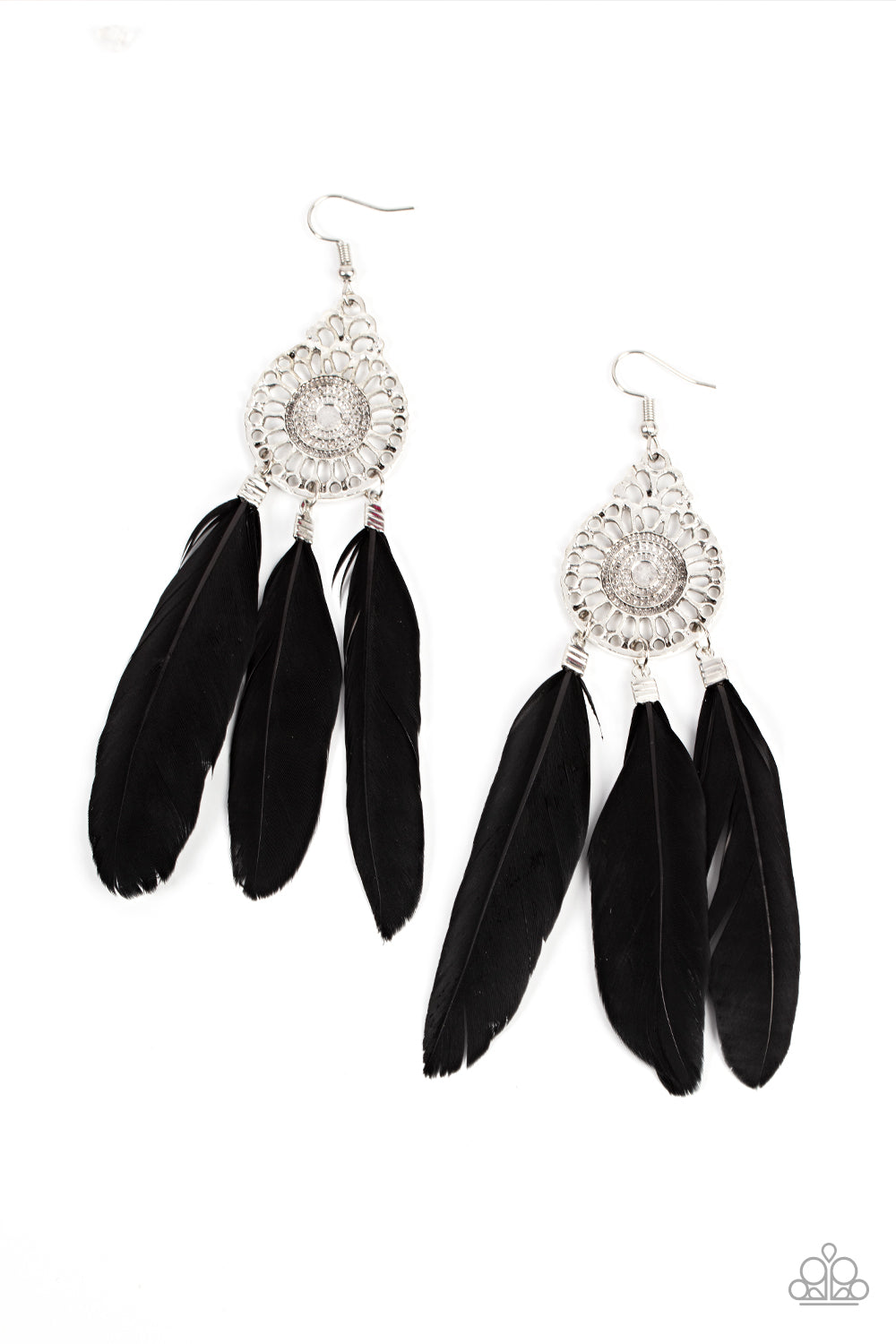 Pretty in PLUMES - Black Three Feather Silver Filigree Earring Paparazzi E0841