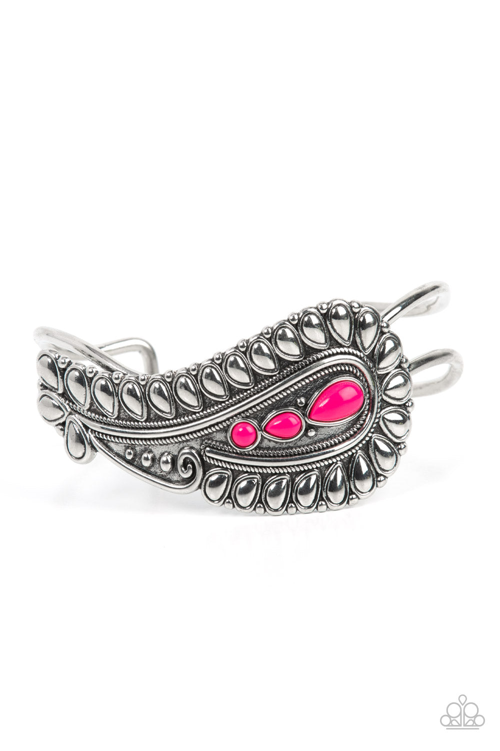 Paisley Prairie - Pink Fuchsia Fedora Bead Silver Cuff Bracelet Paparazzi B1310