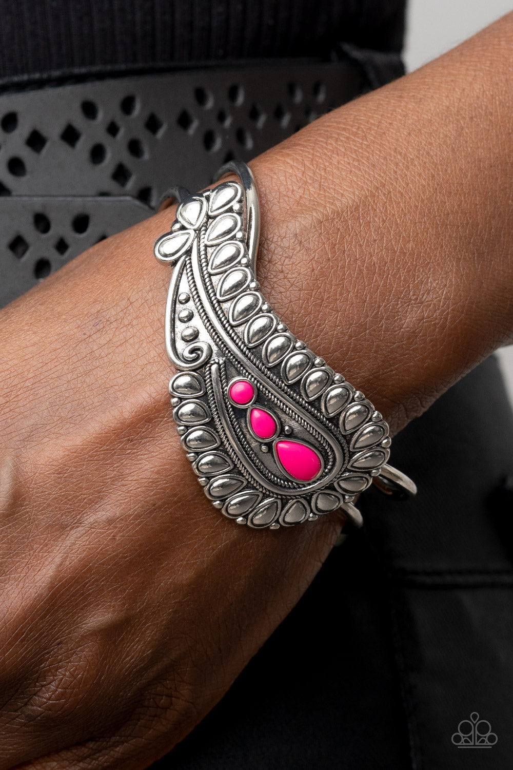 Paisley Prairie - Pink Fuchsia Fedora Bead Silver Cuff Bracelet Paparazzi B1310