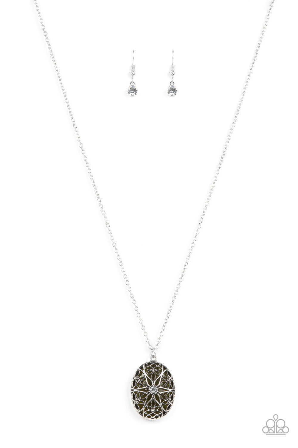 Venice Vacation - Green Olive Branch Cat's Eye Stone & Silver Filigree Necklace Paparazzi N1466