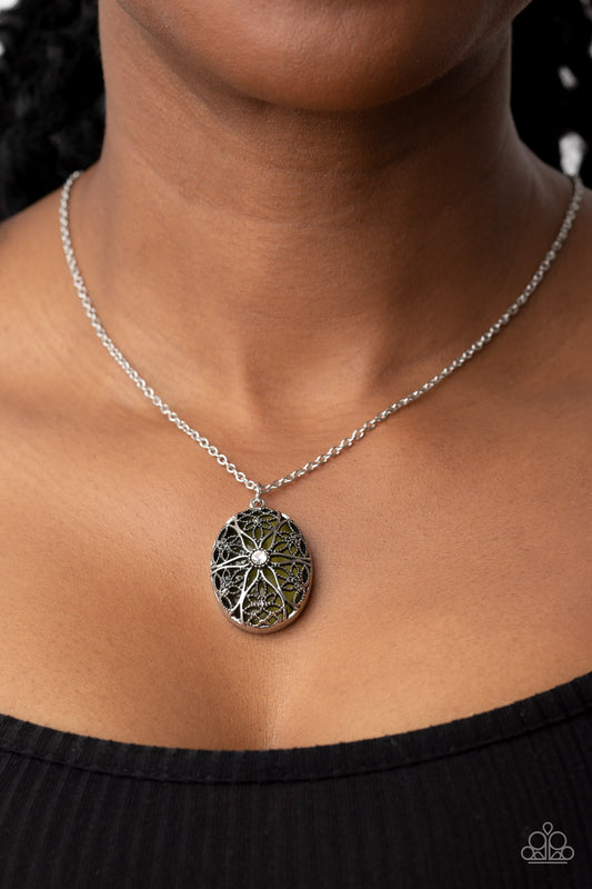 Venice Vacation - Green Olive Branch Cat's Eye Stone & Silver Filigree Necklace Paparazzi N1466