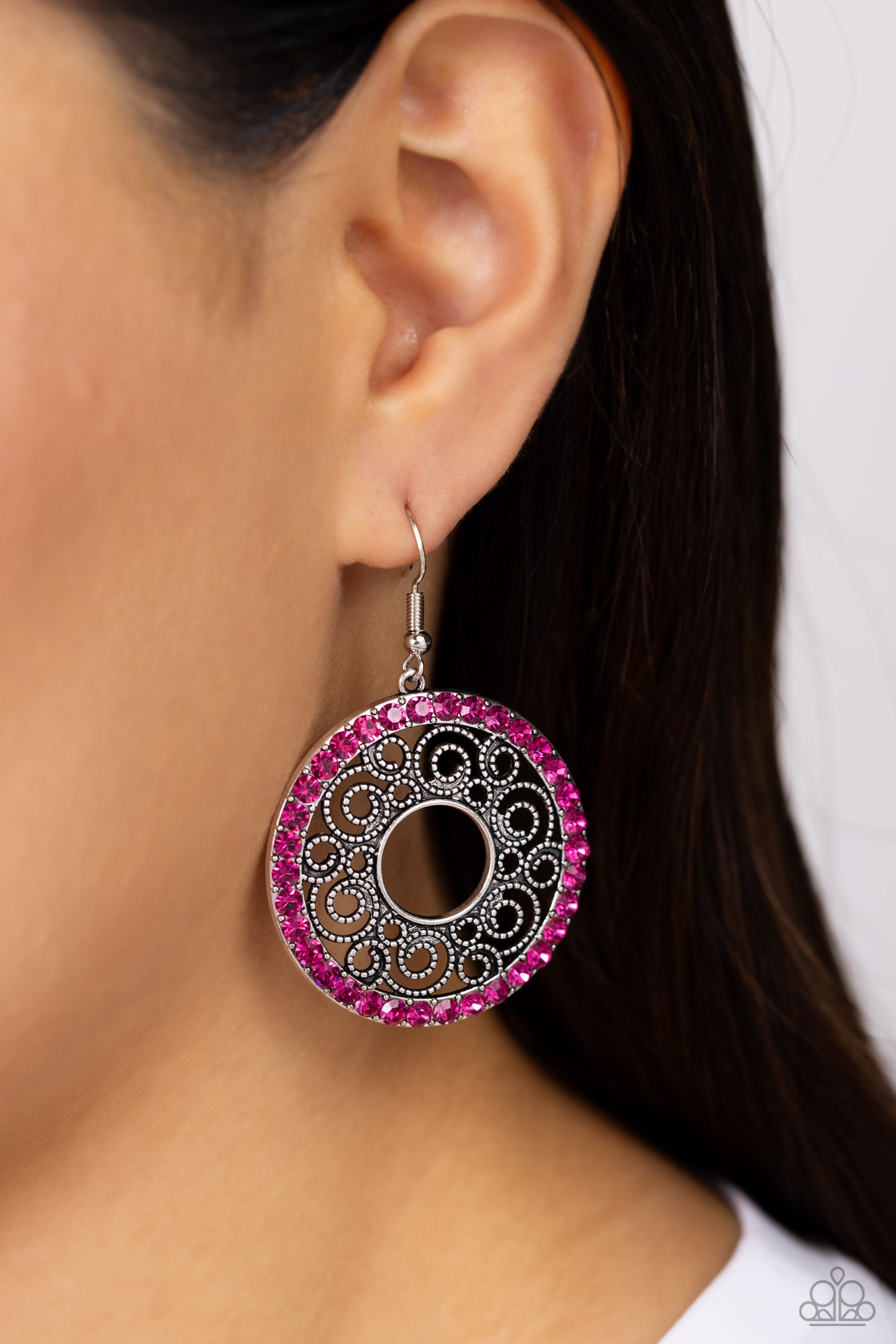 Whirly Whirlpool - Pink Fuchsia Fedora Rhinestone Filigree Earring Paparazzi E1549