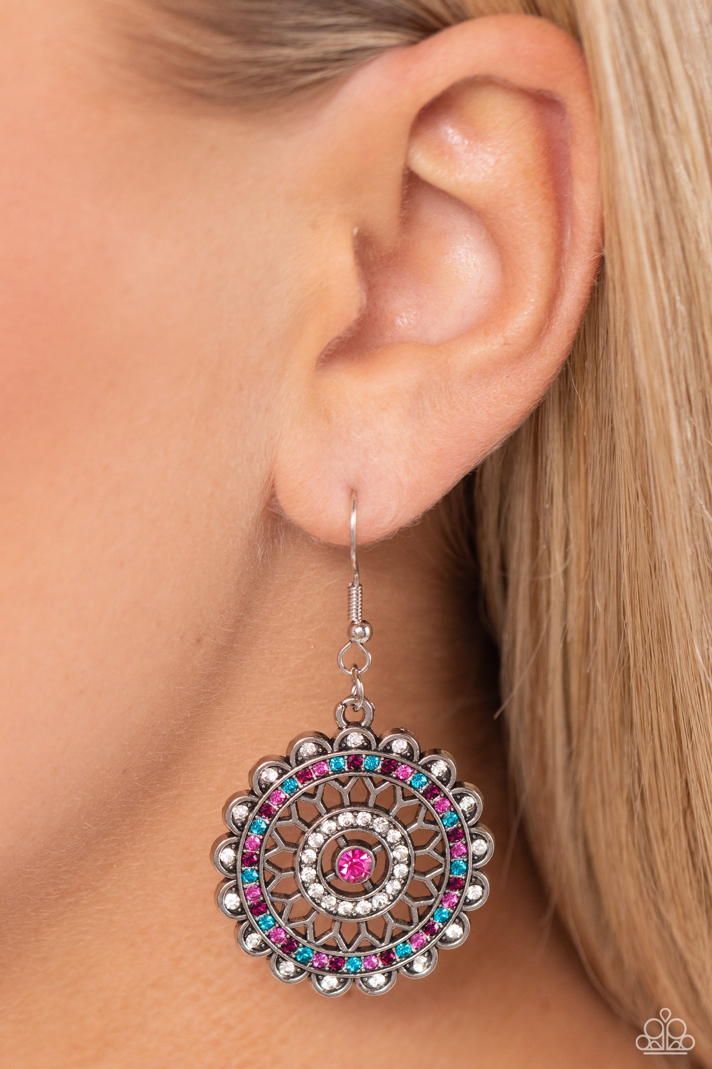 Twinkly Translation - Multi Fuchsia Fedora & Multicolored Rhinestone Floral Earring Paparazzi E1546