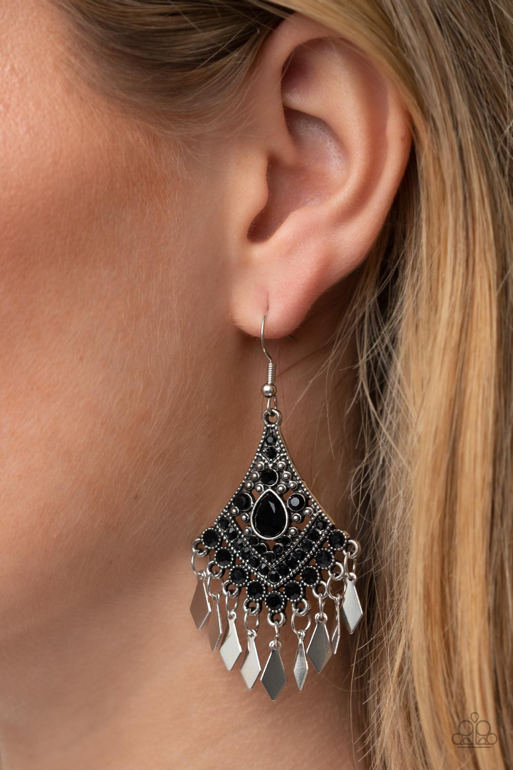 Indie Iridescence - Black Glassy Rhinestone Silver Earring Paparazzi E1273