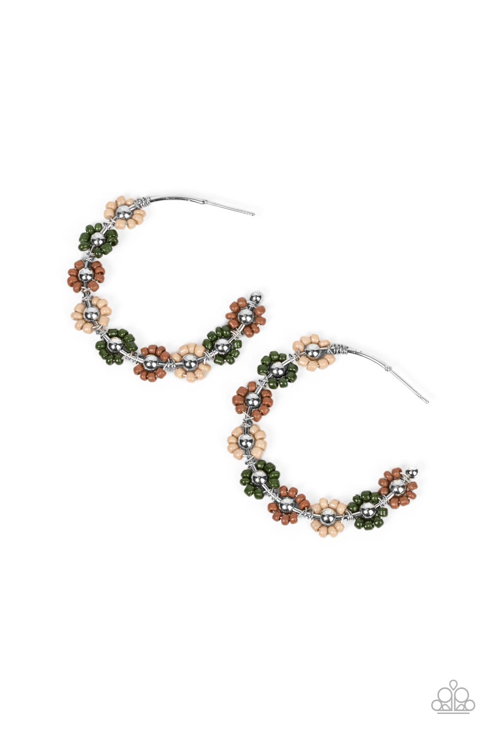 Growth Spurt - Green Olive, Brown, Taupe Seed Bead Flower Hoop Earring Paparazzi E0936