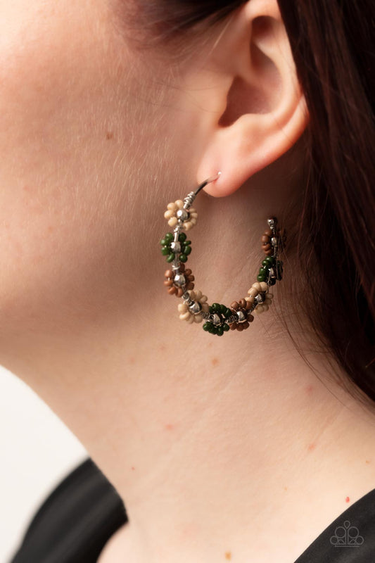 Growth Spurt - Green Olive, Brown, Taupe Seed Bead Flower Hoop Earring Paparazzi E0936