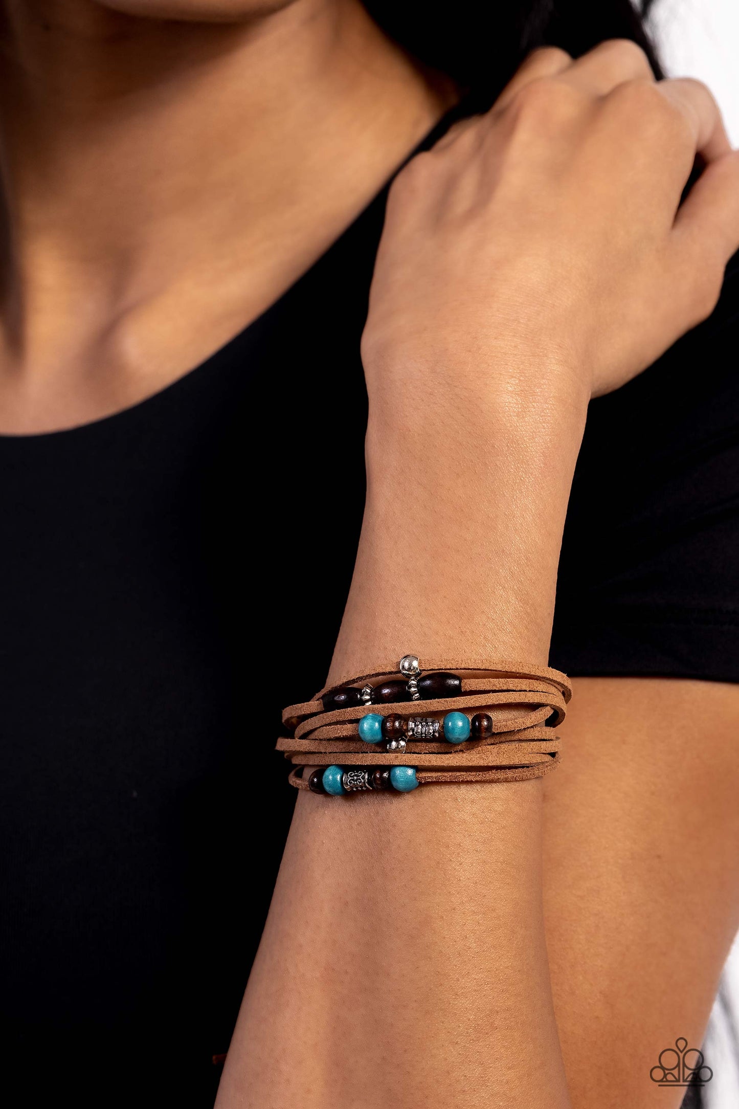 Absolutely WANDER-ful - Blue, Brown, Silver Bead Suede Sliding Knot Closure Bracelet Paparazzi B1468