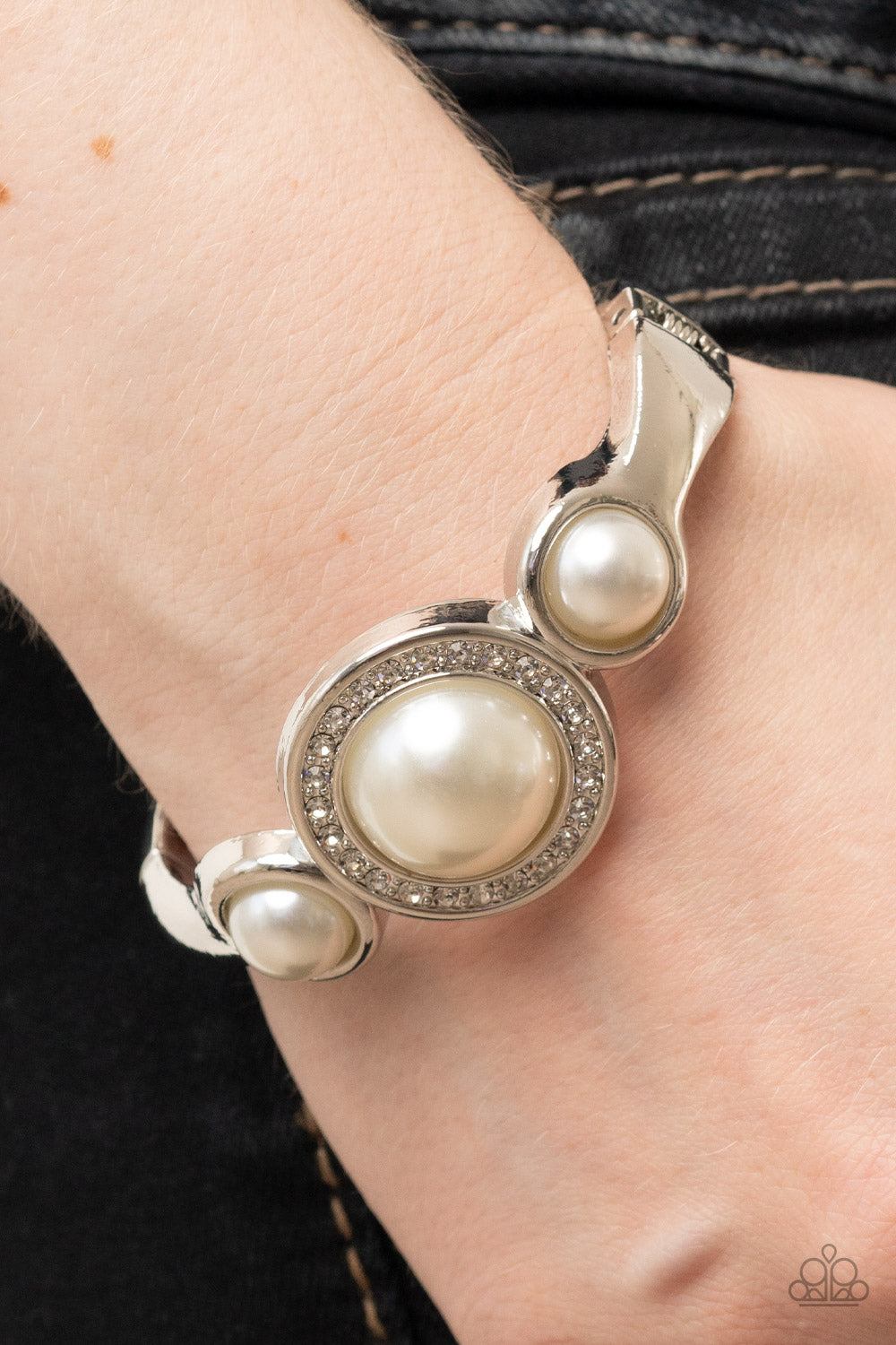 Debutante Daydream - White Rhinestone, Silver And Pearl Hinged Bracelet Paparazzi B0520