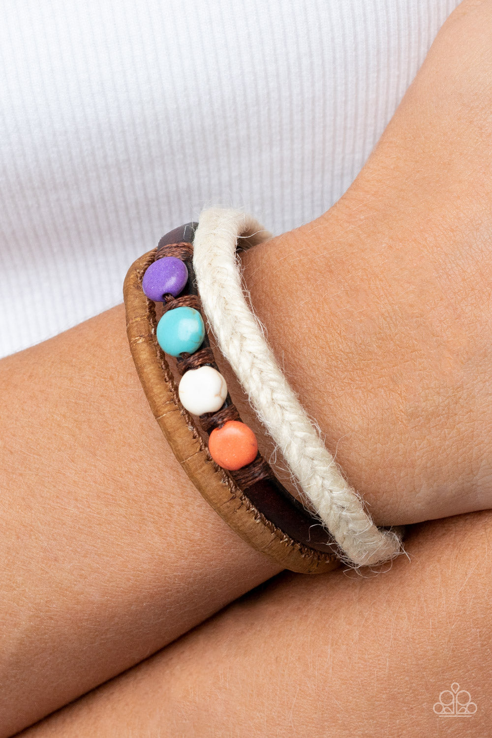 WANDER-struck Style - Multi Colored Stones, Braided Cording, Cork Like Fabric and Brown Leather Urban Bracelet Paparazzi B0698