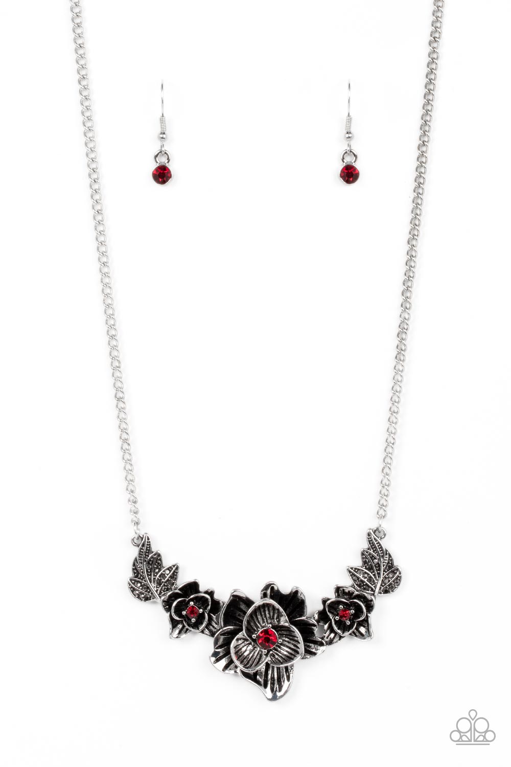 Botanical Breeze - Red Fiery & Hematite Rhinestone Silver Flower Necklace Paparazzi N1856