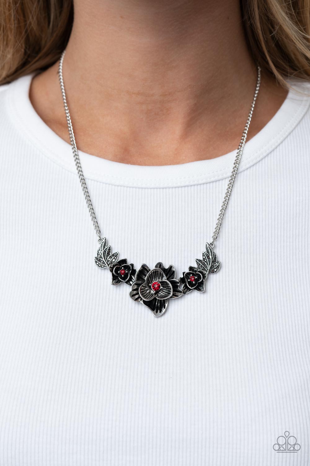 Botanical Breeze - Red Fiery & Hematite Rhinestone Silver Flower Necklace Paparazzi N1856