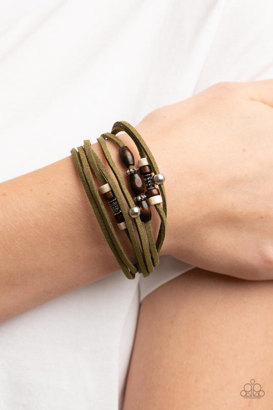 Have a WANDER-ful Day - Green Olive Branch Suede & Wooden Bead Urban Pull Tie Bracelet Paparazzi B0884