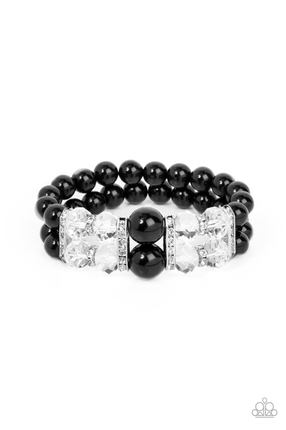 Timelessly Tea Party - Black Bead White Rhinestone Stretch Bracelet Paparazzi B0571