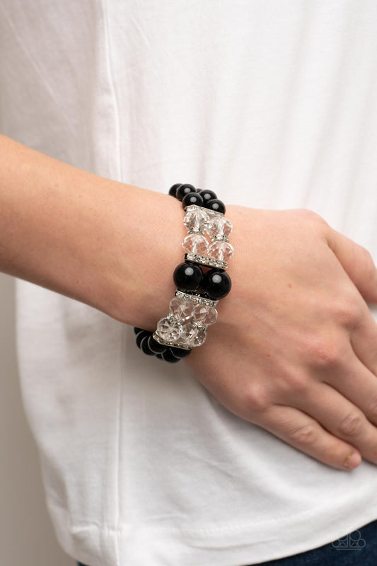 Timelessly Tea Party - Black Bead White Rhinestone Stretch Bracelet Paparazzi B0571